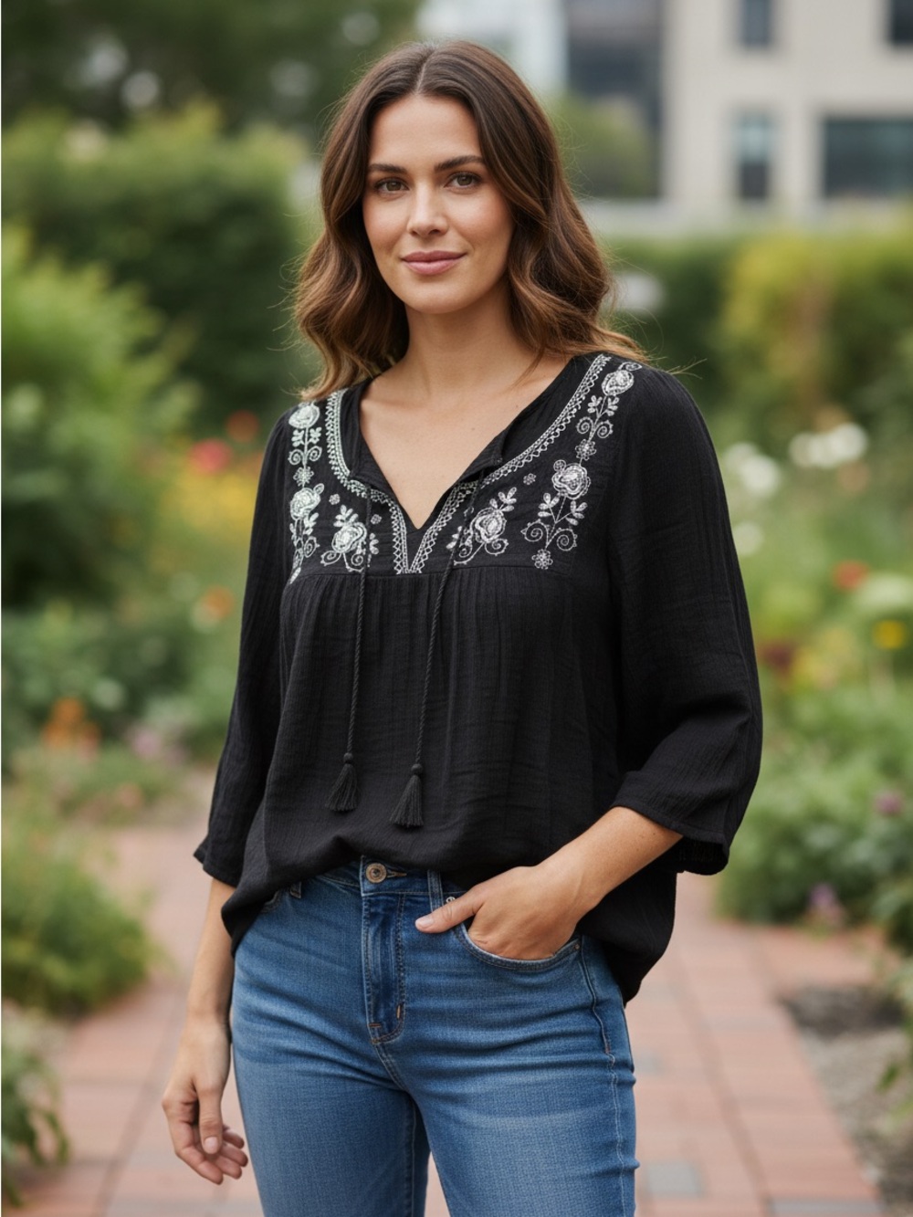 ONE WORLD Black Embroidered V-Neck Peasant Blouse